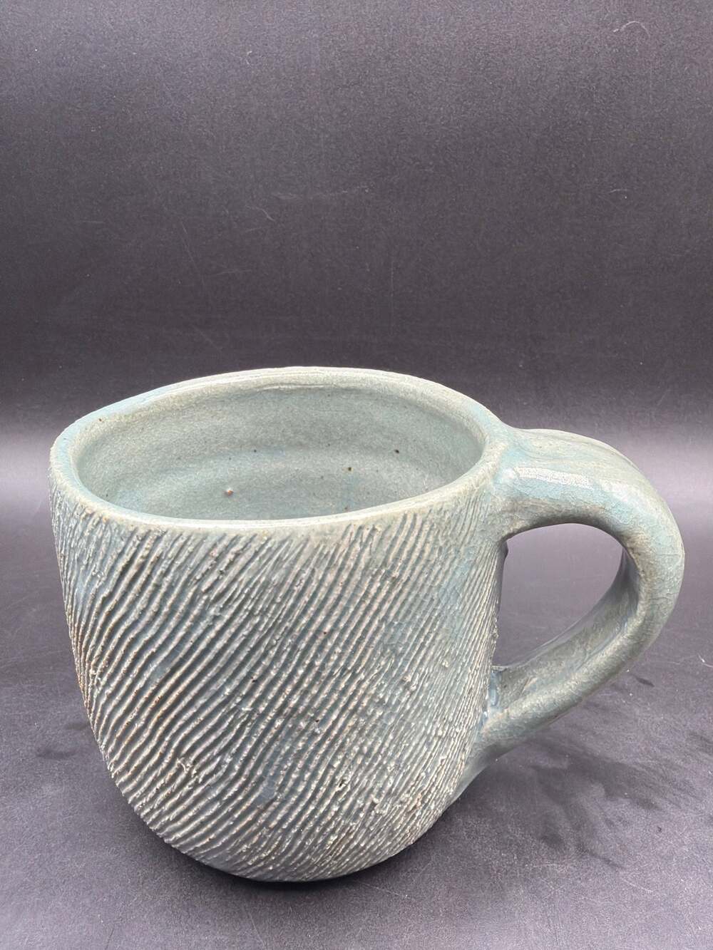 Signed Studio Pottery Mug Blue Green Textured Ceramic Artisan Coffee Cup